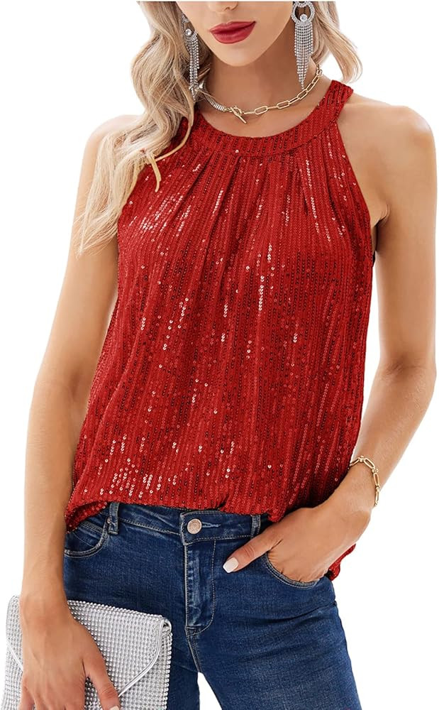 GRACE KARIN Sequin Halter Tops for Women Red Sequin Top Outfit Red Sparkly Top Red Sparkle Top  | Amazon (US)