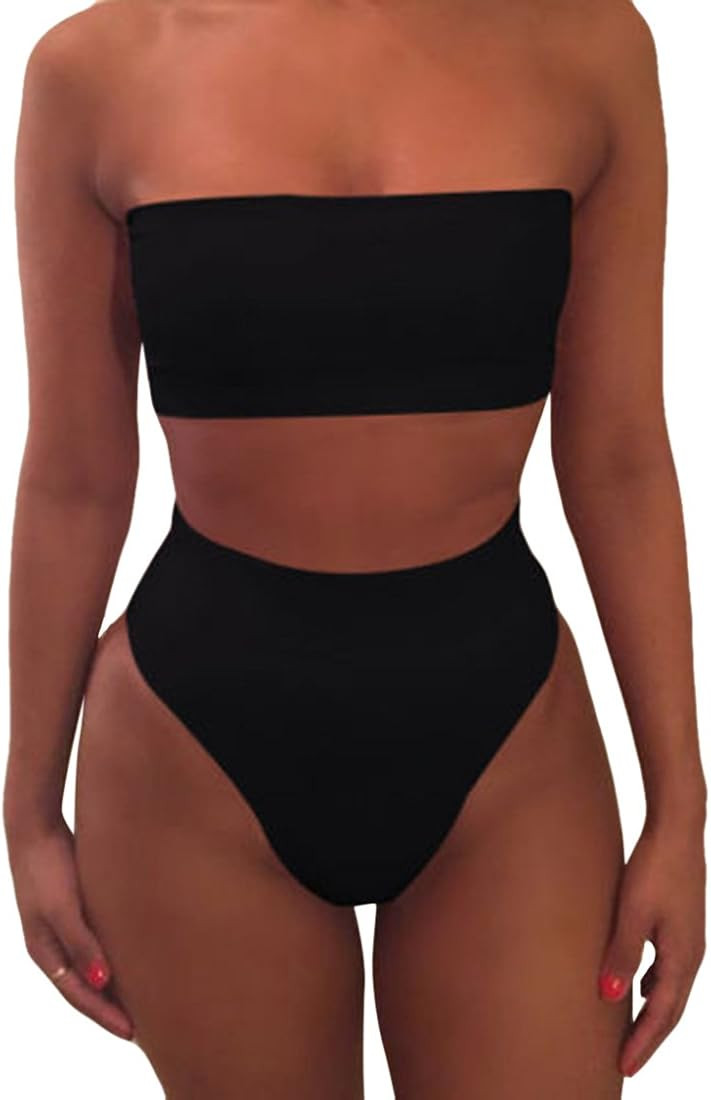 VamJump Women's Removable Strap Bandeau Top High Cut Cheeky Bikini Set Swimsuit | Amazon (US)