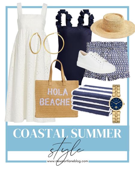 Summer fashion, summer dress, white dress, eyelet dress, blue swimsuit, one piece swimsuit, swim shorts, cover-up shorts, straw hat, straw bag, striped towels, gold watch, gold earrings, hoop earrings, white sneakers, blue and white clothing, JCrew, spring fashion



#LTKitbag #LTKfit #LTKstyletip