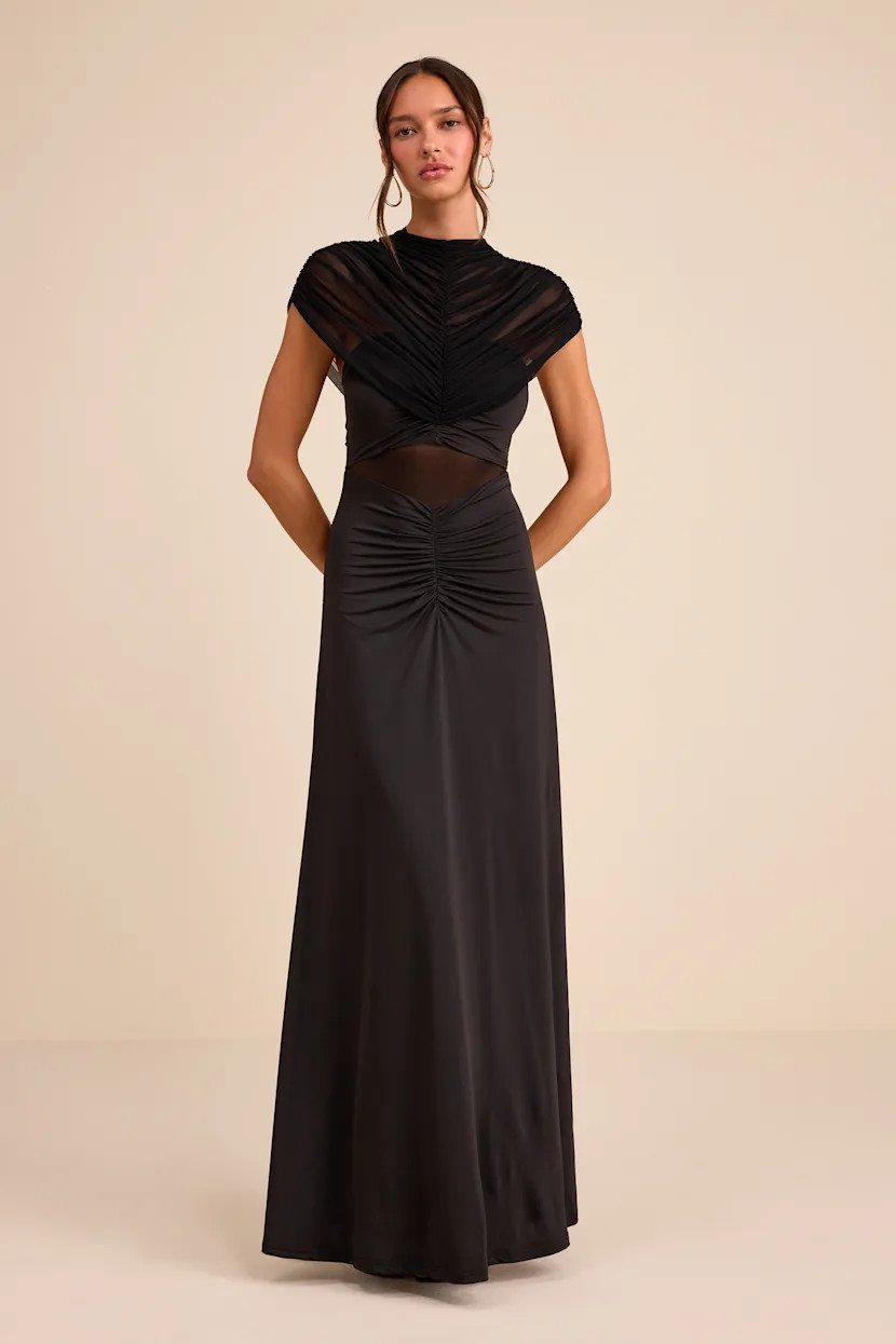 Murielle Black Mesh Ruched Maxi Dress | black tie wedding Guest dress black  | Lulus