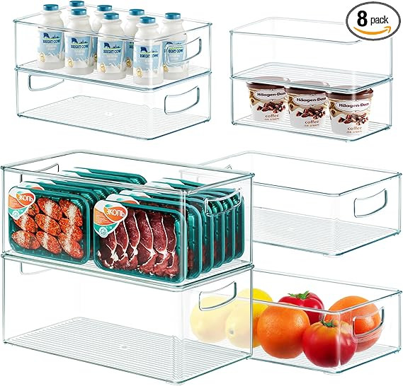 8 PACK Freezer Organizer Bins Clear Stackable Storage Bins with Side Handles Refrigerator Organiz... | Amazon (US)