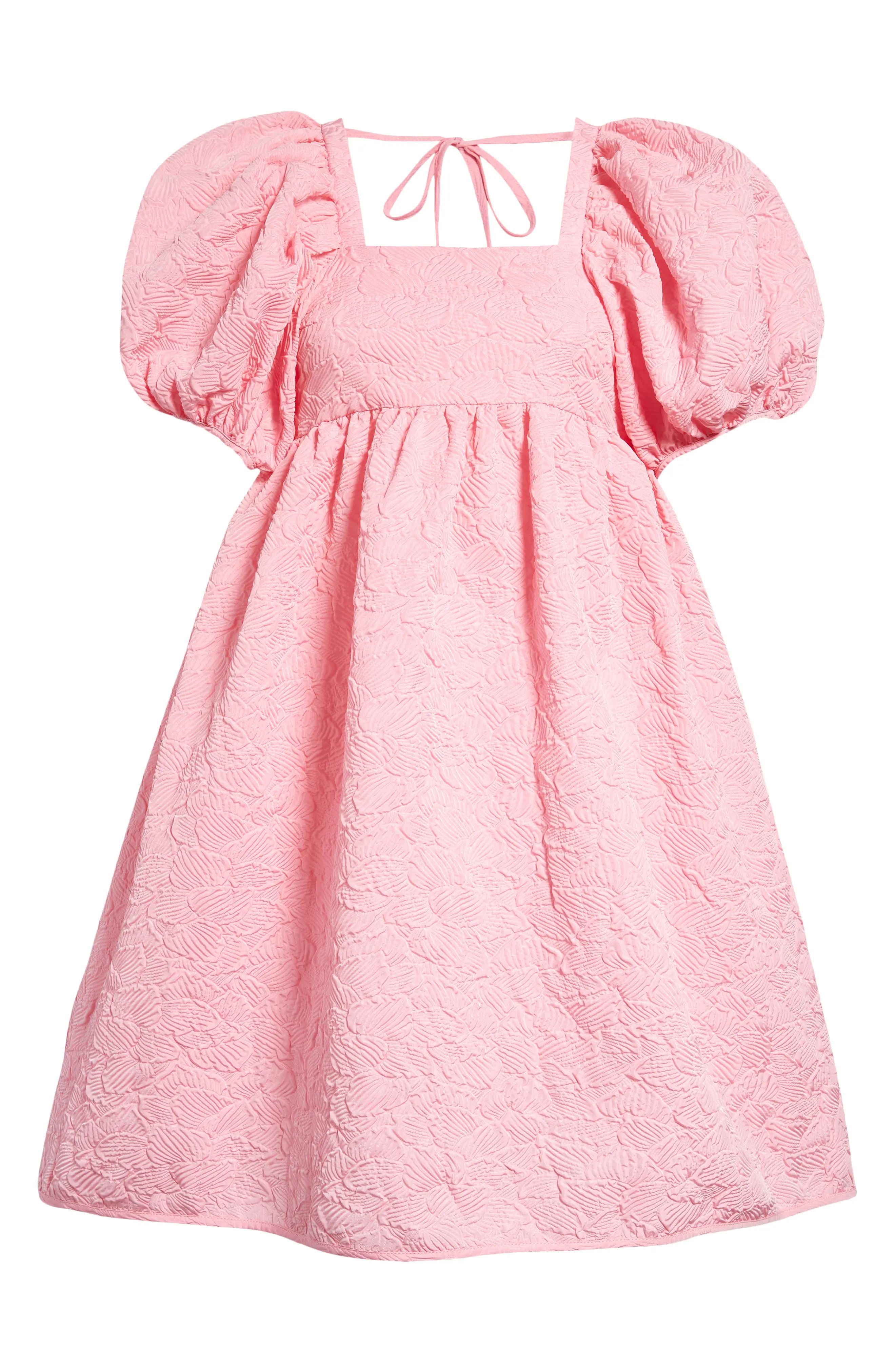 Cecilie Bahnsen Tilde Cutout Puff Sleeve Matelasse Babydoll Dress in Sorbet Pink at Nordstrom, Size  | Nordstrom