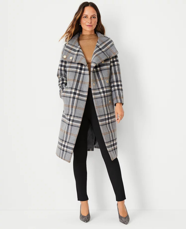 Plaid Wool Blend Belted Funnel Neck Coat | Ann Taylor (US)