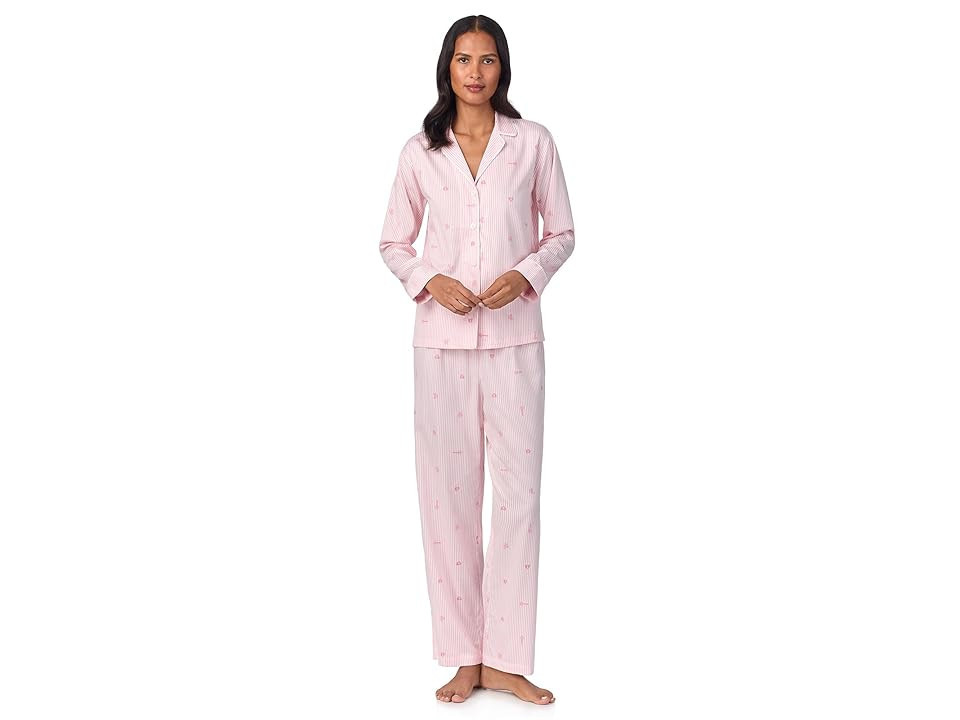 Lauren Ralph Lauren Long Sleeve Sateen Notch Pajama Set Women's Pajama Sets Blush Stripe : MD (US 8-10), Cotton/Viscose | Zappos