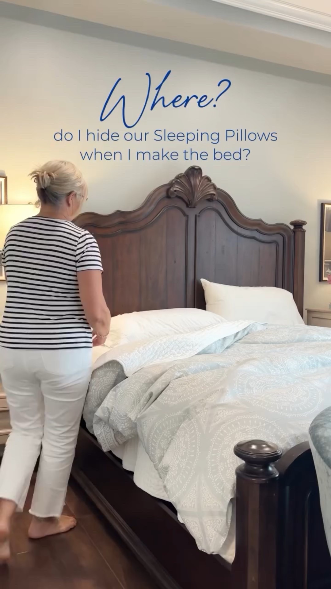 Ever wonder where in the world to hide your sleeping pillows when you make the bed?

You’re not alone, friend. It’s one of the most-asked questions I get and the answer is beautifully simple. I tuck them right behind Euro shams. They’re hidden, but handy. Out of sight, but still close by for those early evening reads or weekend sleep-ins. On a king bed, I use three Euro shams; on a queen, two is plenty.

In front of that, I layer the two pillow shams that match my duvet and finish with a small lumbar pillow for a little extra polish. That’s it. No mountain of pillows to remove at night…just a timeless, well-dressed bed that feels elevated and effortless.

I’m not a fan of fussy. Just give me affordable luxury: soft sheets, great pillows, a breathable duvet, and a simple styling trick or two. A classic, cozy bed doesn’t have to be complicated, it just needs to invite you in.

✨ Do you hide your sleeping pillows too? Tell me your bed-making trick below! 👇🏻

Comment BED and I will send you all the links ✨
(Hint: You need to be following me first or you won’t receive my DM due to privacy policies 😉)

Or you can click the link in my bio to shop my LTK 😉 & AMAZON Storefront 🎀

Live Beautifully🌸Love Deeply🌸Be Grateful

#bedroomstyling #beddingtips #howtomakeabed #euroshams #interiordesignsecrets #classicbedroom #pillowlovers #simplehomestyle #affordableluxury #cozybedroomideas