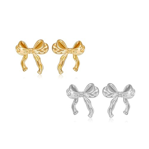 Gold Silver Bow Earrings for Women Cute Ribbon Bow Stud Earrings Gold Silver Bow Knot Earrings Christmas Bow Earrings for Xmas Jewelry(Gold+Silver) | Amazon (US)