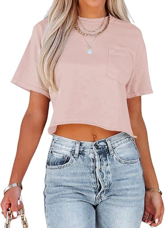 Onedreamer Women's Cute Short Sleeve Crop Tops Scoop Neck Casual Solid Basic Slim T Shirts Crop T... | Amazon (US)
