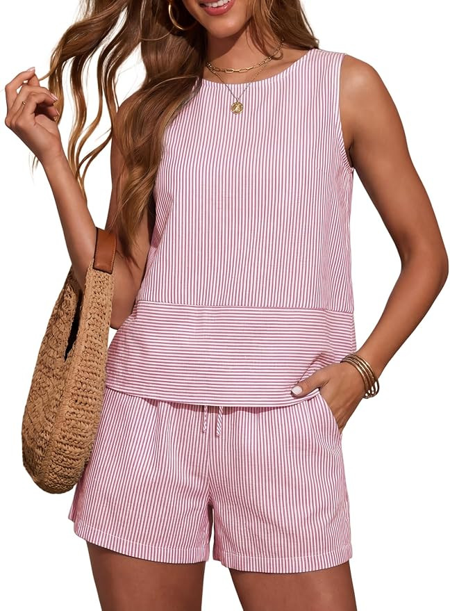 LOMON Women's Trendy 2 Piece Outfits Shorts Sets Summer Crew Neck Sleeveless Tank Top and Bottom ... | Amazon (US)