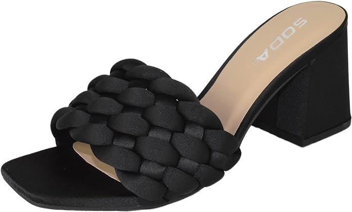Soda Shoes Women Block High Heel Sandals Braided Band Square Toe Satin SHAUNA-S | Amazon (US)