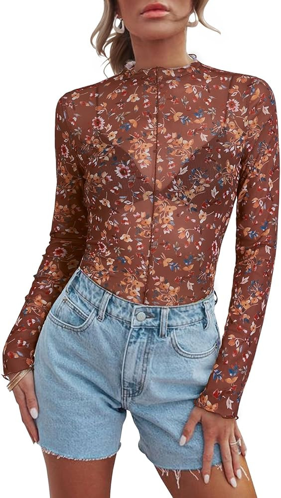 Women Floral Mesh Top Lace Long Sleeve Tops Mock Neck Ruffle See Through Tops Fitted Sexy Going O... | Amazon (US)