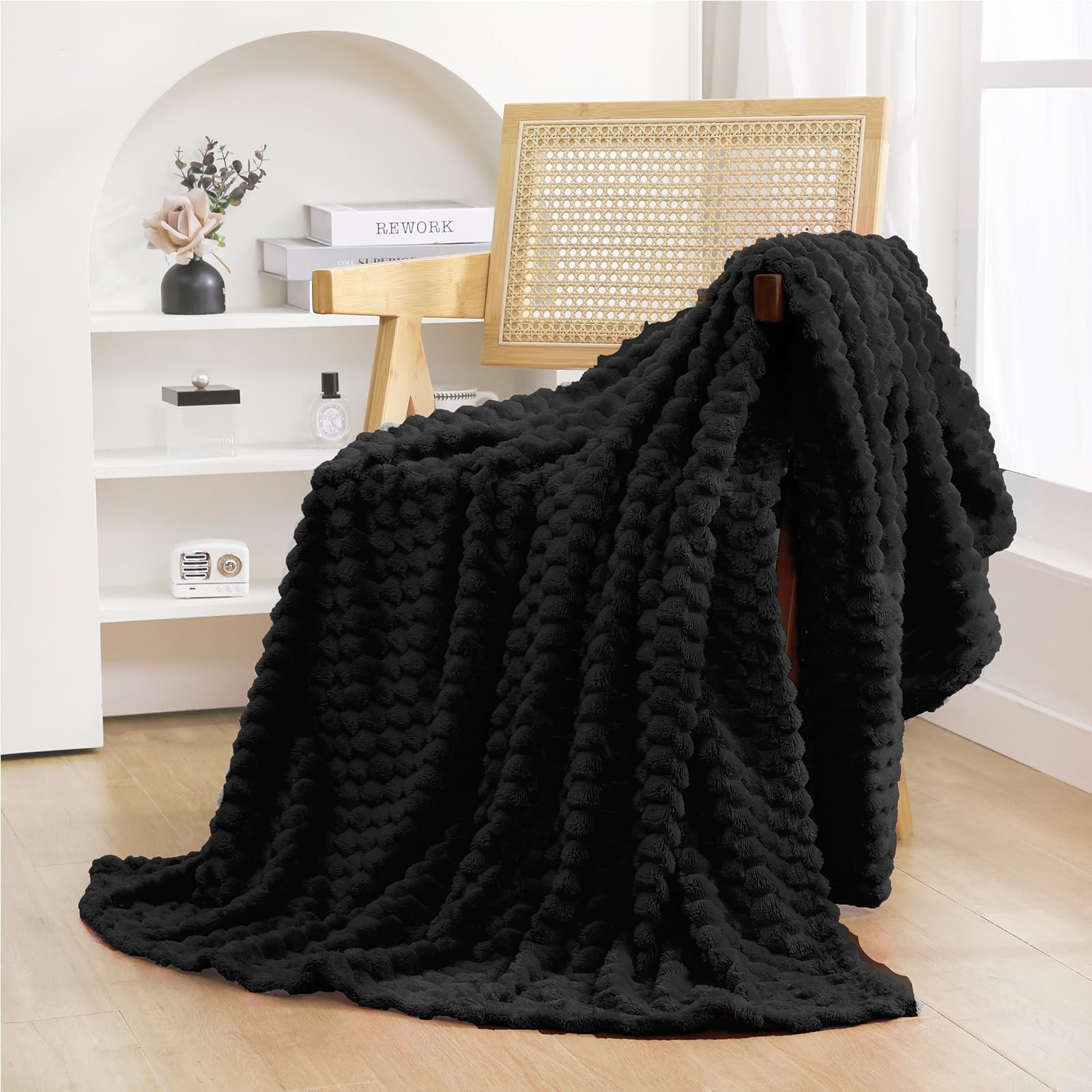 Puncuntex Black Throw Blanket 50"×60" inches Fuzzy 3D Jacquard Decorative Flannel Fleece Super S... | Amazon (US)