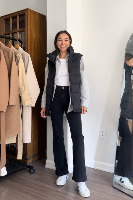 Casual and comfy fall outfit 

Soft shirt jacket 
Vest for layering 
Wide leg flare jeans - I would recommend ordering regular length if you’re 5’4

#ad #howyouweargap #gaptoschool

#LTKstyletip #LTKSeasonal #LTKfindsunder100
