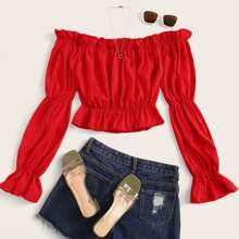 Solid Ruffle Trim Off The Shoulder Blouse | SHEIN