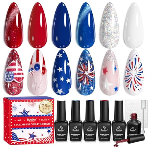 Beetles 4th of July Gel Nail Polish Set, 6 Colors Red White Blue Cat Eye Gel Polish Sliver Glitter Gel Polish with Magnet & Stickers, Patriotic DIY Nail Art Gift for Women | Amazon (US)