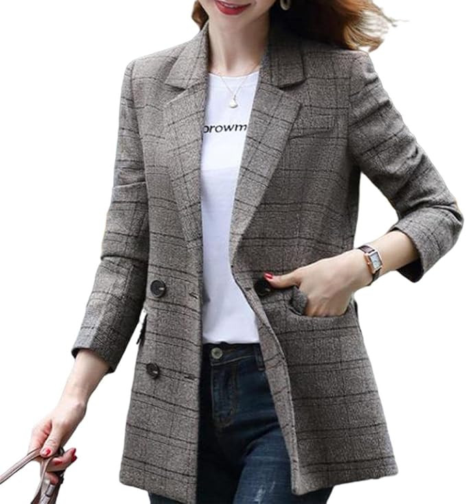 Women Classic Plaid Wool Blend Blazer Jacket Lapel 2 Button Oversize Boyfriend Work Office Suit O... | Amazon (US)