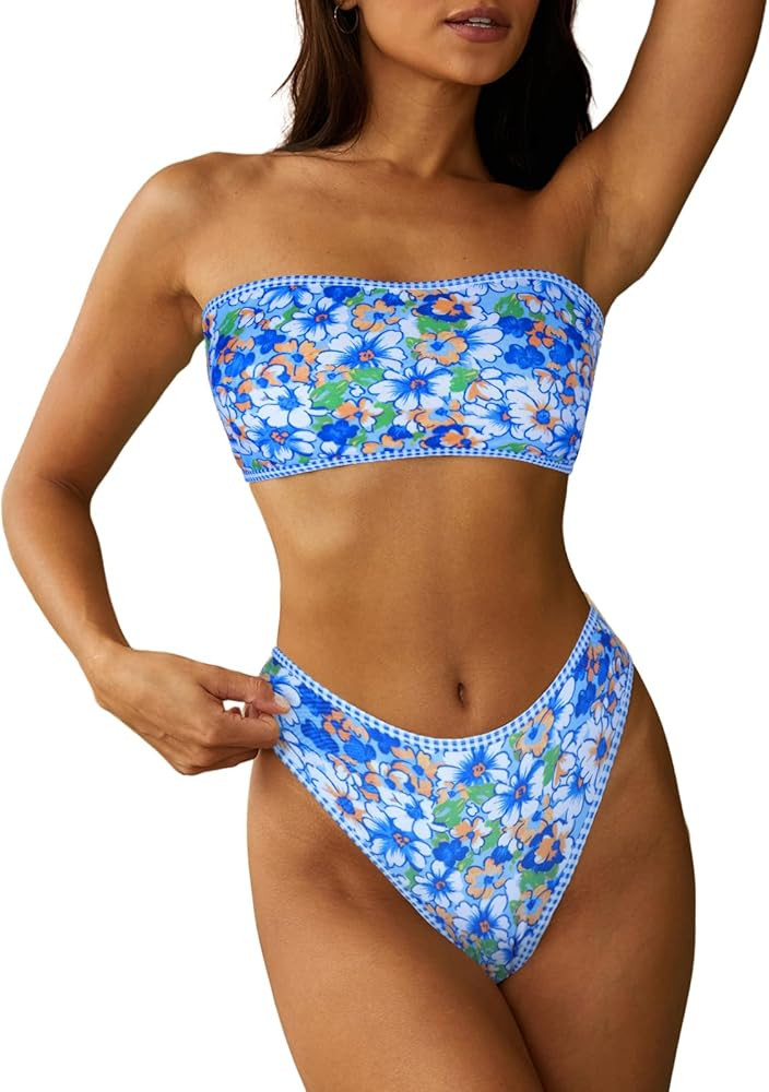 ZAFUL Women Strapless Wave Bandeau Bikini 2 Piece Swimwear Cheeky Solid Lace up Bathing Suits | Amazon (US)