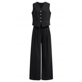 Linen-Blend Button Down Vest and Pants Set in Black | Chicwish
