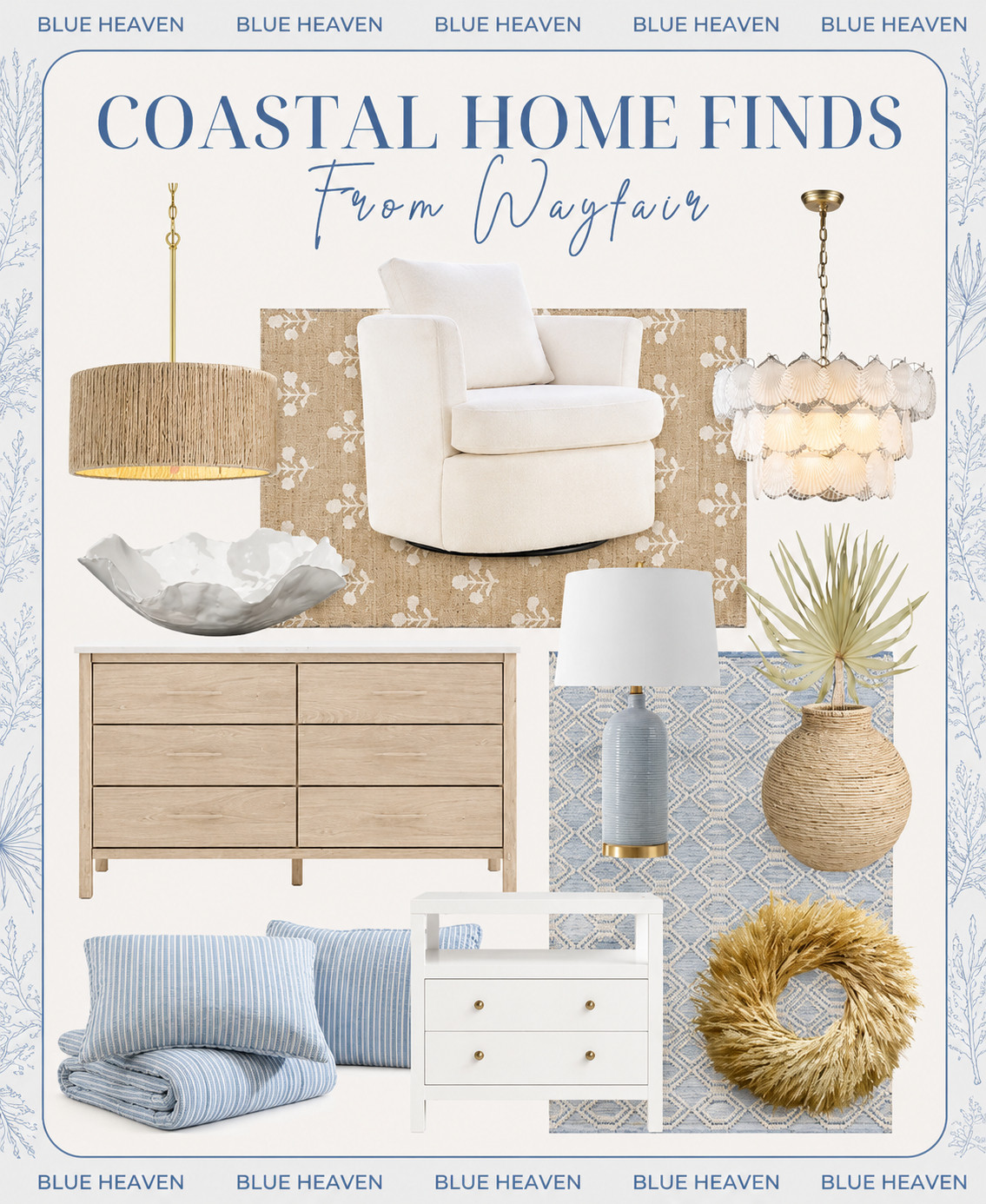 Sharing some coastal home pieces that are currently inspiring me, many of which are on sale @Wayfair right now! #Wayfair #WayfairPartner ------ coastal home decor, coastal decor, coastal style, coastal rugs, wayfair rugs, bedroom rugs, living room rugs, dining room rugs, entryway rugs, affordable rugs, rugs on sale, neutral rugs, blue & white rugs, 9x12 rugs, 10x13 rugs, 8x10 rugs, 5x7 rugs, 3x5 rugs, 6x9 rugs, textured rugs, oversized rug, beach house rugs, lake house rugs, white accent chair, swivel chairs, woven pendant lights, chandeliers, decorative bowls, 6-drawer dressers, natural wood dressers, affordable dressers, white nightstands, bedroom furniture, coastal nightstands, quilt sets, blue bedding, fall wreaths, fall decor, woven vases, fall stems, palm stems, blue lamps, coastal lighting #LTKSaleAlert

#LTKHome 

 #LTKuk #LTKsummer #LTKhome