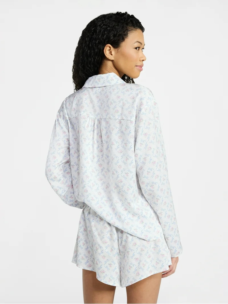 No Boundaries Sleepwear Satin Long Sleeve Button-Up Top and Shorts Set, 2-Piece, Women’s XS-XXL | Walmart (US)
