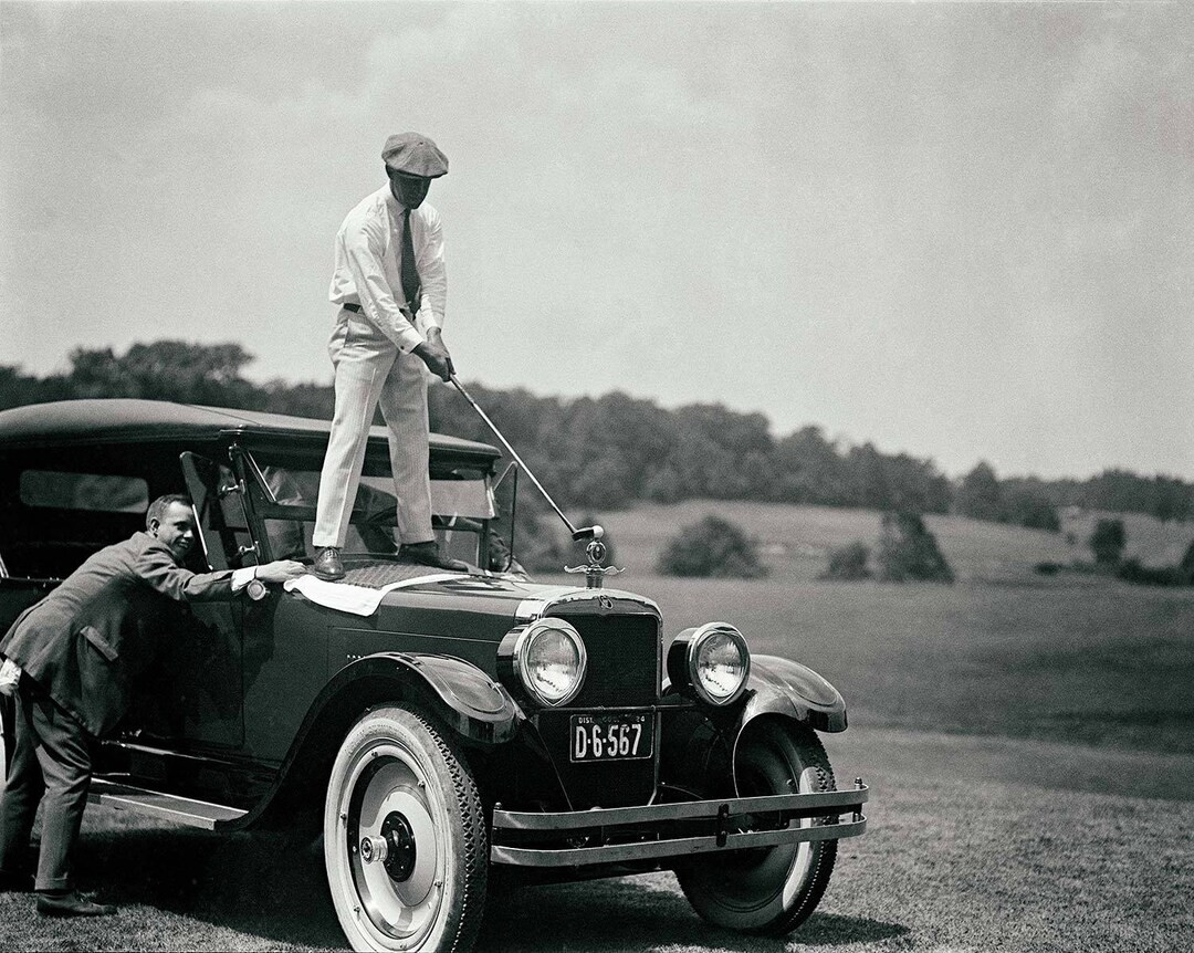 Vintage Golf Photography Print Wall Art Poster, Golfer Gift & Club Decor. Standing on Antique Car... | Etsy (US)