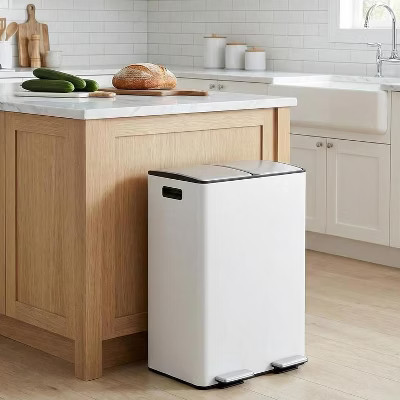 Kitchen Trash Can with Lid, 2 x 8 Gallon Stainless Steel Garbage Can with Recycle Bin, Dual Compartment Trash Bin with Independent Pedals, White | Target