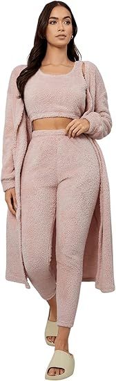 SweatyRocks Women's 3 Piece Flannel Lounge Set Fuzzy Fleece Crop Tank Top Pants Pajama with Belte... | Amazon (US)