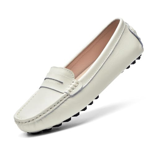 BEAUSEEN Beige Genuine Leather Women's Driving Loafers,8.5 US | Amazon (US)