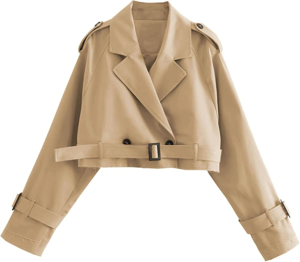 Women's Cropped Trench Coat Casual Double Breasted Short Jacket | Amazon (US)