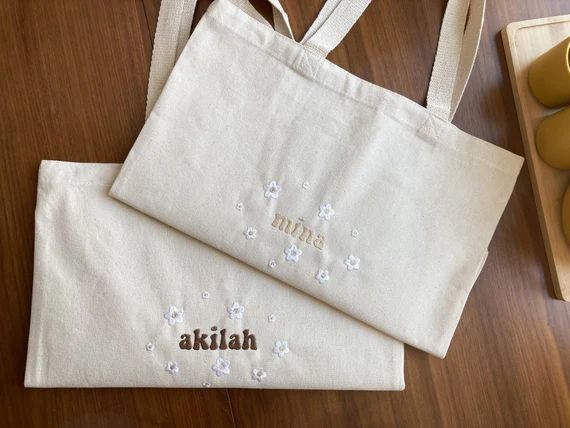 Custom Name Tote Bag With Flowers - Embroidery -Personalized Gift | Etsy (US)