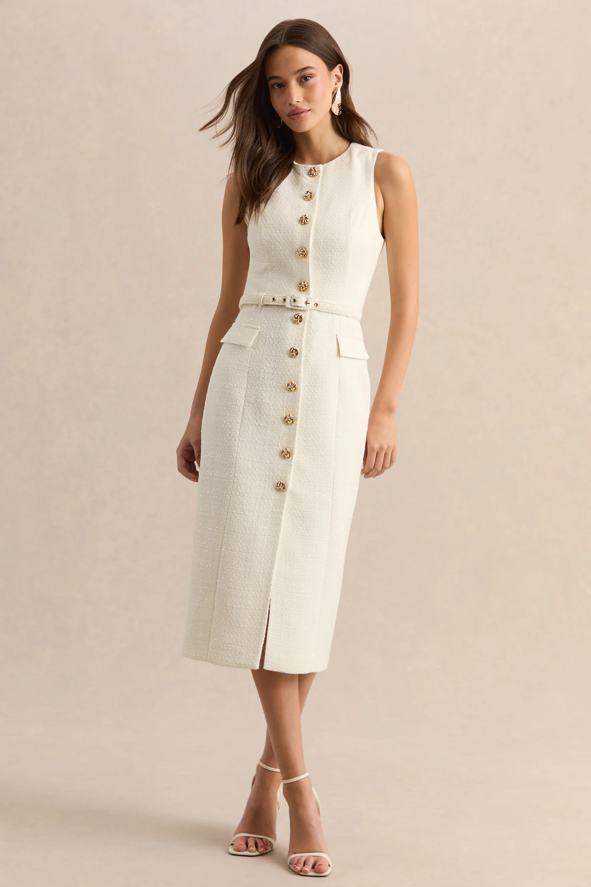 Clea | Cream Crew-Neck Belted Midi Dress With Front-Pockets | Club L London