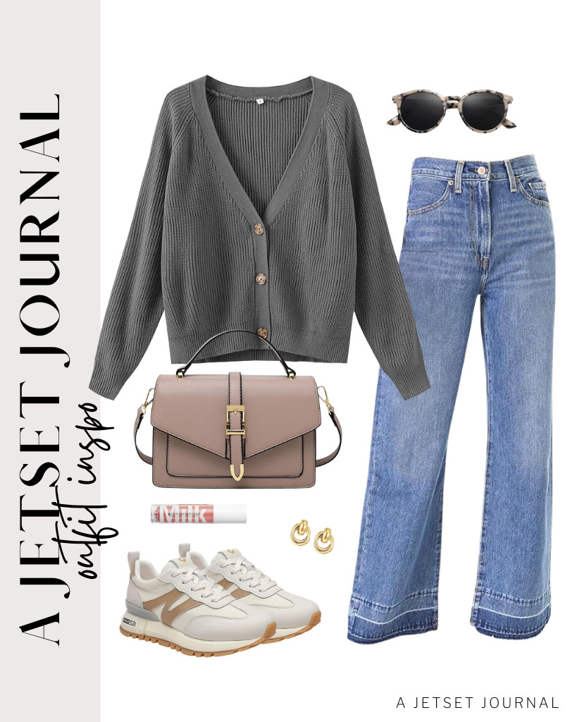 A gray knit button-down cardigan is the ideal match for Astylish’s wide-leg jeans. Somillis sneakers are the perfect choice for footwear. Complete the outfit with chunky gold earrings. 

 #LTKSeasonal #LTKSaleAlert #LTKTravel