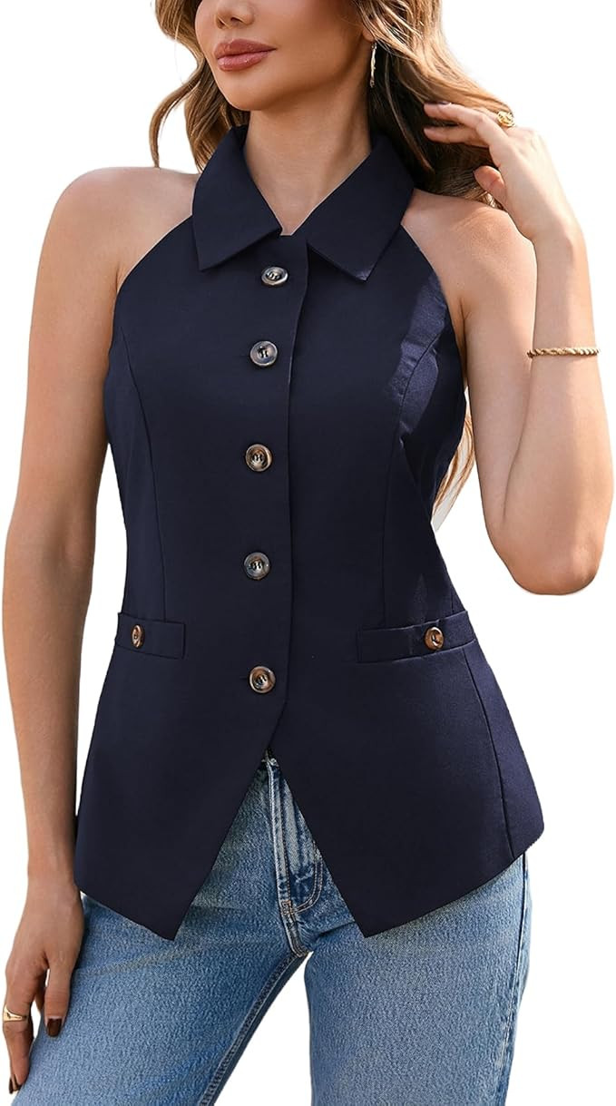 Women's Halter Neck Vest Lapel Collar Button Down Sleeveless Blazer Vest Business Casual Tops | Amazon (US)