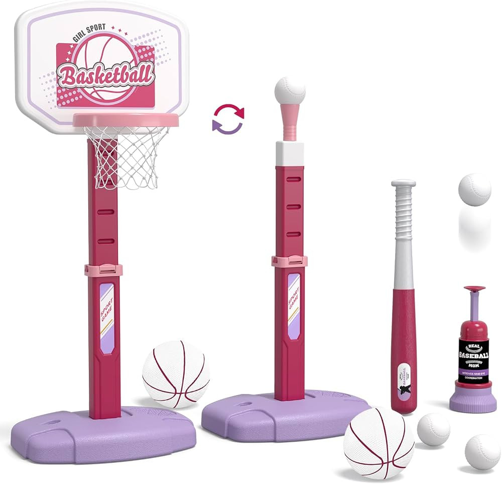 2 in 1 Kids Basketball Hoop and T Ball Set - Adjustable Height, Kids Baseball Tee with Automatic ... | Amazon (US)