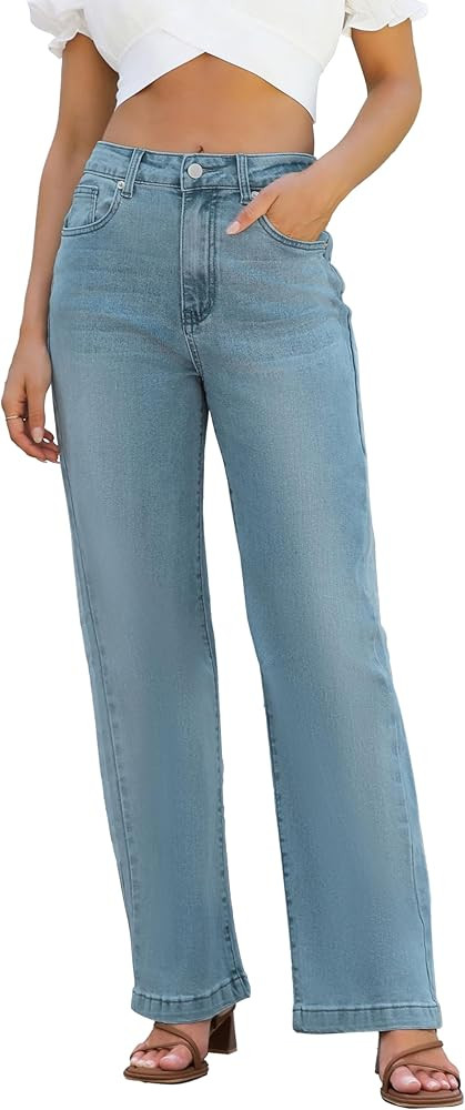 Womens Jeans High Waisted Straight Leg Loose Stretchy Lightweight Tummy Control Trendy Jeans for ... | Amazon (US)