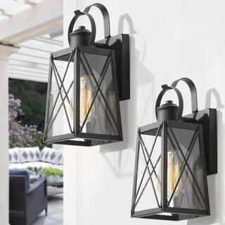 LNC Craftsman 1-Light Matte Black Outdoor Wall Lantern Sconce with Seeded Glass Shade (2-Pack) 6Z... | The Home Depot