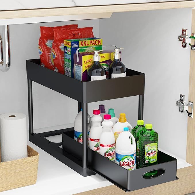 Cucn Under Sink Organizer, 2 Tier Under Sliding Cabinet Basket Organizer Drawer with Hooks, Under... | Amazon (US)