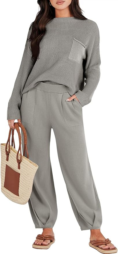 Caracilia Womens 2 Piece Outfits Sweater Sets Long Sleeve Knit Tops and Loose Pants Classy Matchi... | Amazon (US)