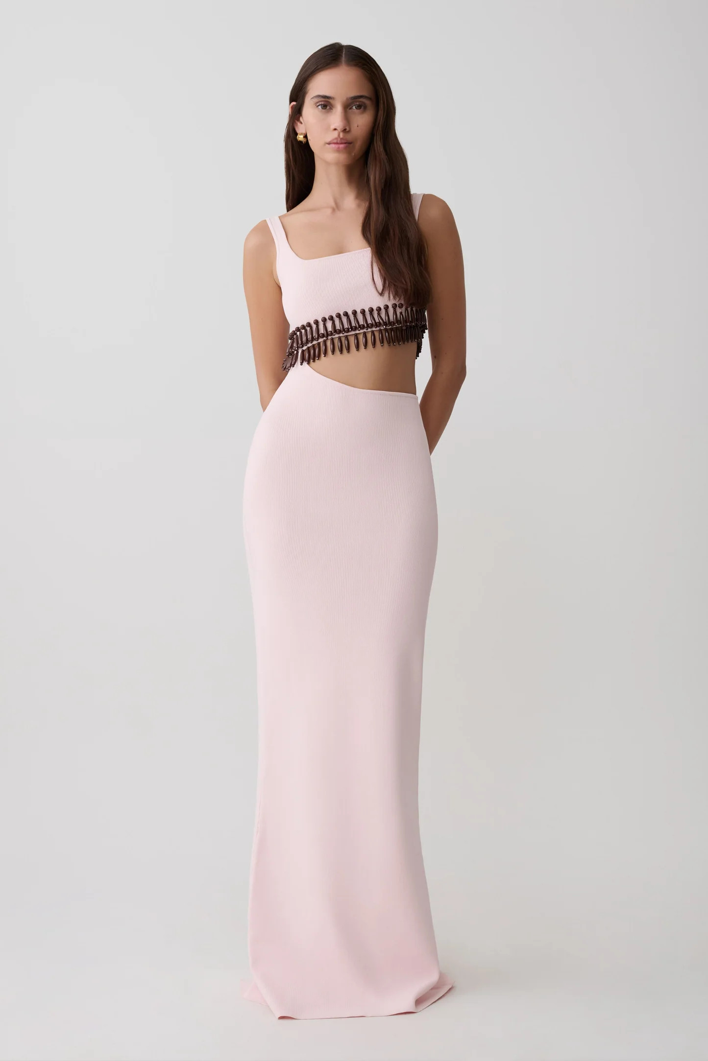 Ruvic Knit Maxi Beaded Dress - Baby Pink | MESHKI US