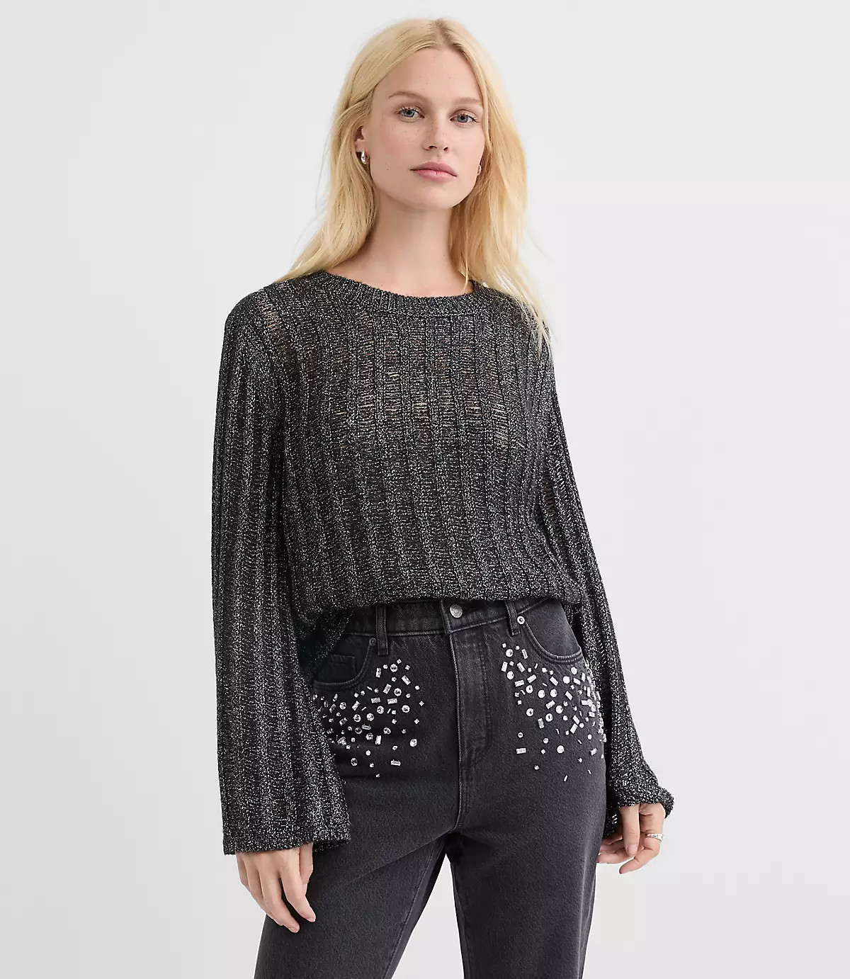 Shimmer Drop Stitched Sweater | LOFT