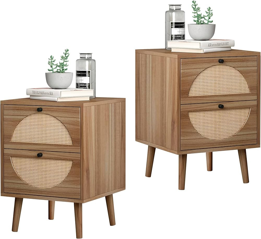 ORRD Nightstand Set of 2, Rattan Nightstand with Storage Drawers, End Table Side Table Wooden Cof... | Amazon (US)