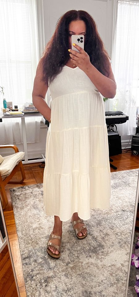 Sundress. A little snug on top. Size up for a fuller bust. Off white dress. Cream dress. Dress with pockets. Midsize style inspo. Birkenstocks 

#LTKSeasonal #LTKunder100 #LTKstyletip