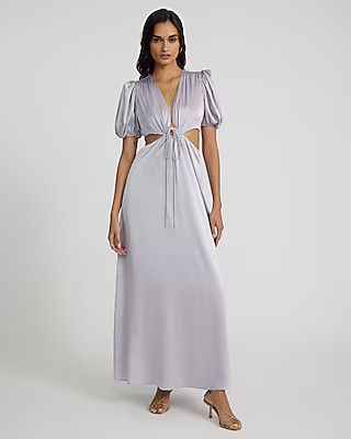 Satin V-neck Puff Sleeve Tie Front Cutout Maxi Dress | Express
