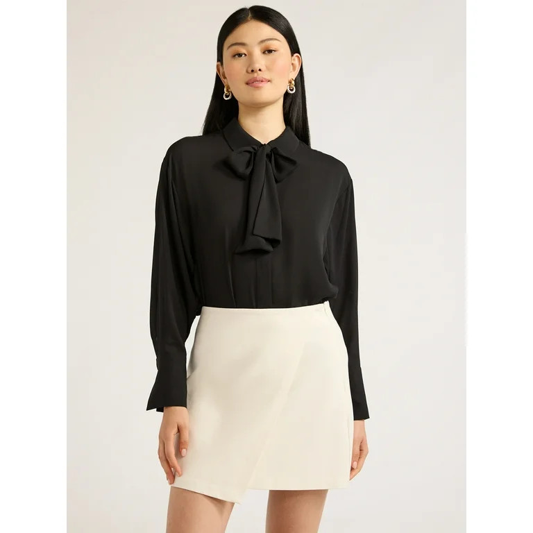 Scoop Women's Tie Neck Shirt with Long Sleeves, Sizes XS-XXL - Walmart.com | Walmart (US)