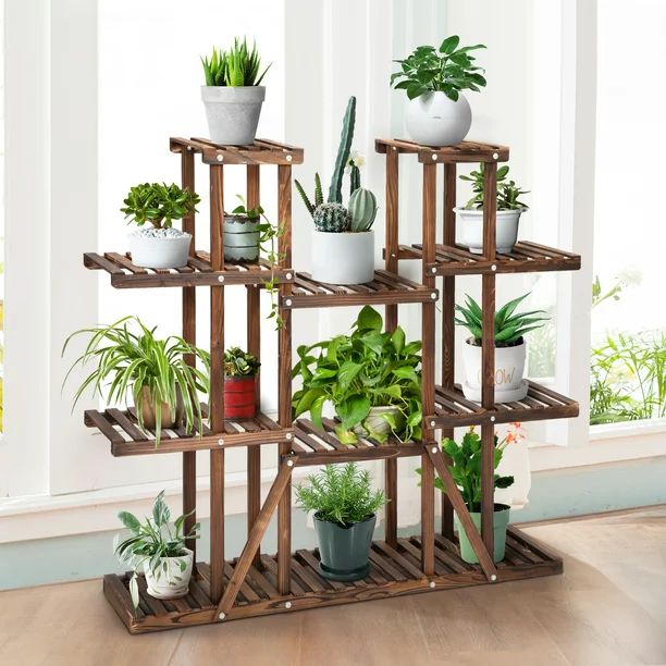 Jaxpety 9 Tier Wooden Flower Plant Stand Shelves Carbonized Flower Pot Holder Display Multi-Shelv... | Walmart (US)