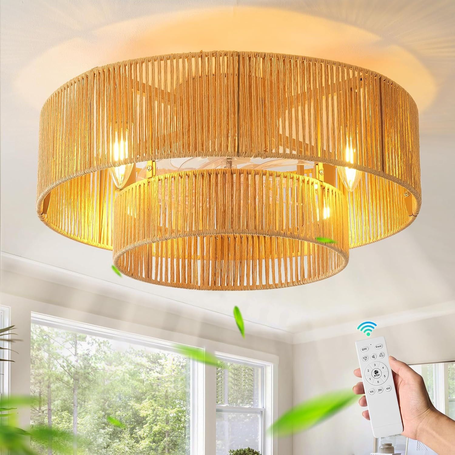 20 Inch Boho Caged Ceiling Fans with Lights Flush Mount, Boho Rattan Fandelier Ceiling Fan with Light Remote Control with Reversible 6 Speeds for Bedroom, Nursery, Living Room, E12 Base,Indoor | Amazon (US)