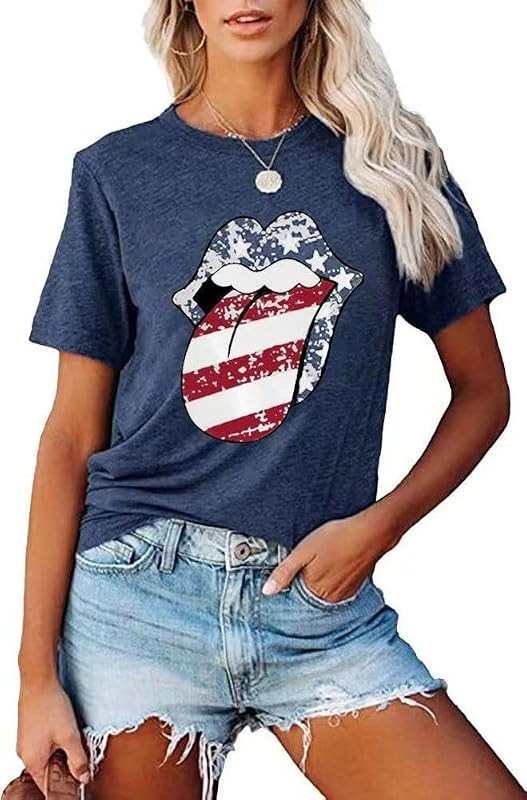 EIGIAGWNG Womens American Flag Lips T-Shirt Funny July 4th Independence Day Graphic Tees Tops | Amazon (US)