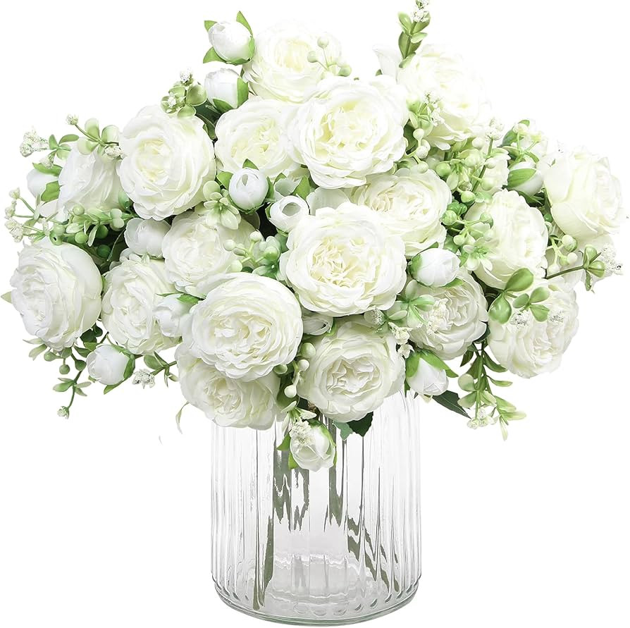HNVNER 2 Bunches Artificial Peony Silk Flowers, White Faux Peonies Flower Bouquet for Wedding Par... | Amazon (UK)