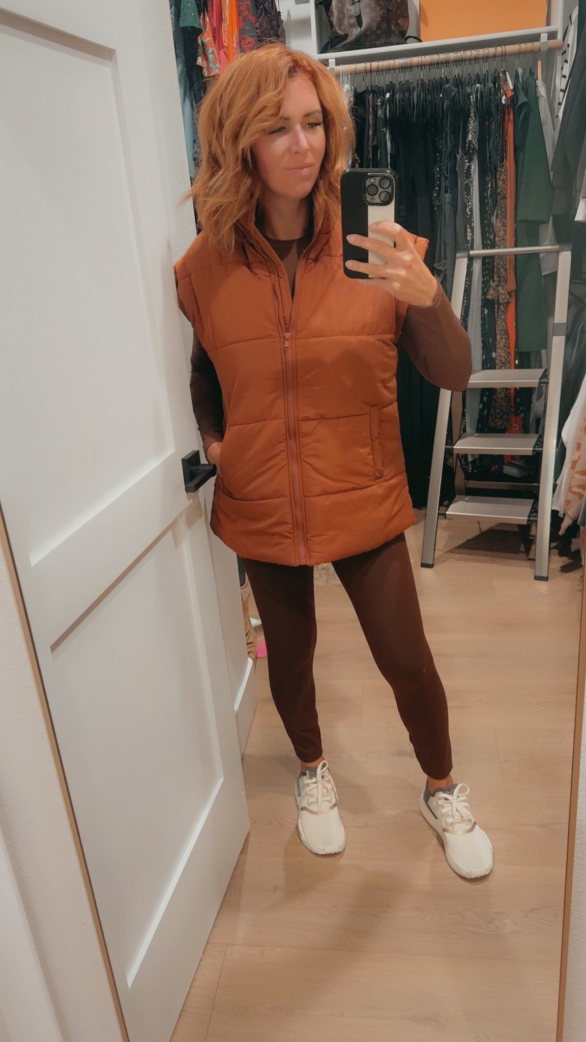 Lounge and active wear | sleeveless puffer vest | leggings | brown family | long sleeves | sneakers | tennis shoes 

#LTKSeasonal #LTKPetite #LTKActive