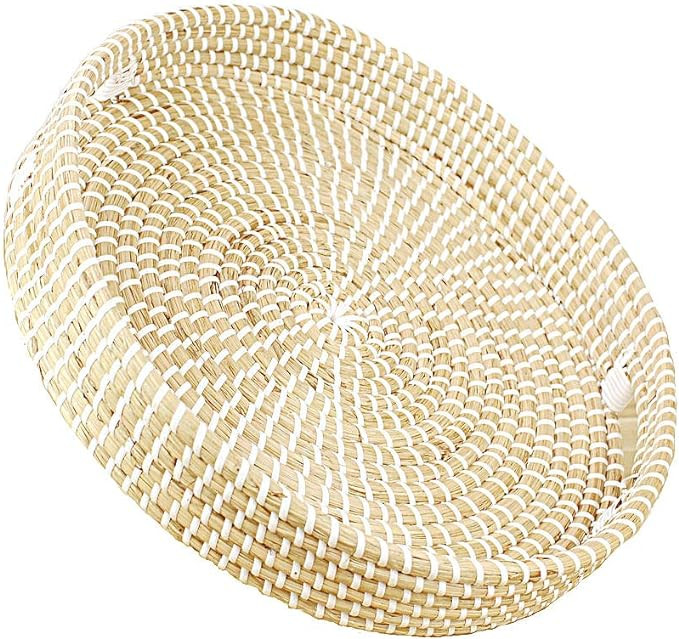 Natural Seagrass Woven Basket Round Serving Tray with Handles Coffee Table Tray Hand Woven Storag... | Amazon (US)