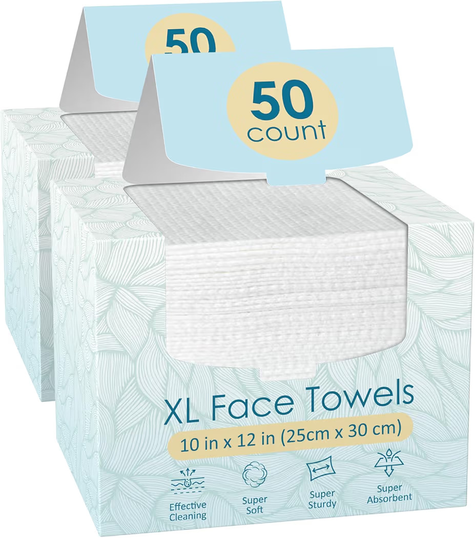2 Pack of 50 count XL Disposable Face Towels 10” x 12”, 100% Viscose Fibre, Soft & Skin Frien... | Amazon (US)